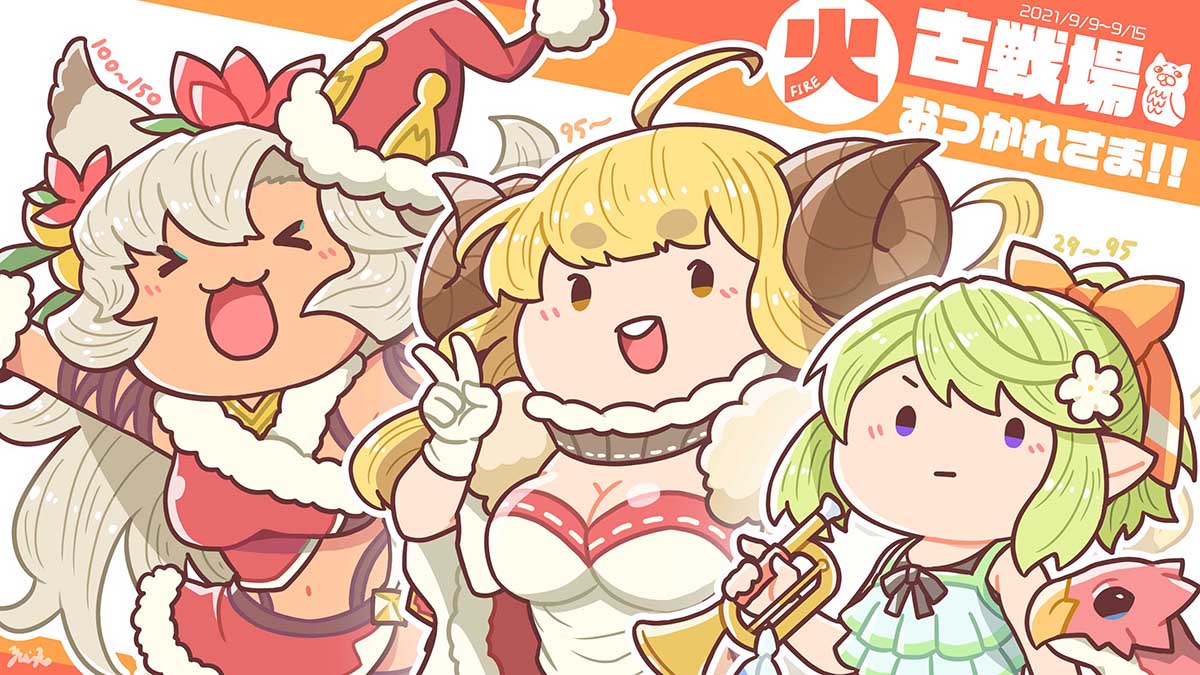 &gt;_&lt; 3girls :3 :d ahoge anila_(granblue_fantasy) blonde_hair breasts chibi dark-skinned_female dark_skin draph erune granblue_fantasy green_hair harvin horns medium_breasts mimlememel multiple_girls nemone open_mouth post_guild_war_celebration sheep_horns smile yuiko_(yuiyuiko_108)