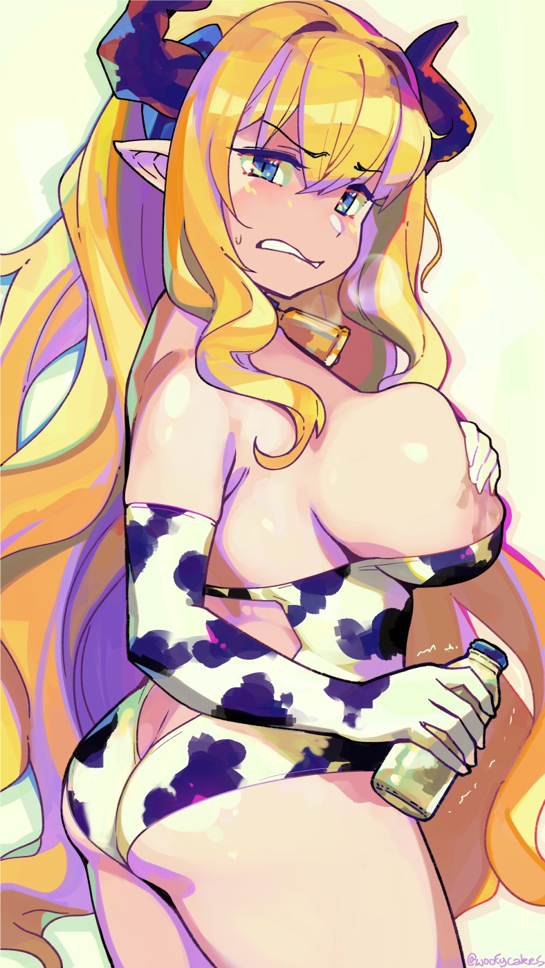 1girl alternate_costume animal_costume animal_print bangs bell blonde_hair blue_eyes breasts commentary covering covering_breasts covering_nipples cow_costume cow_girl cow_print cowbell draph english_commentary eyebrows_visible_through_hair granblue_fantasy highres horns large_breasts long_hair milk neck_bell pointy_ears print_leotard razia solo woofycakes yellow_background