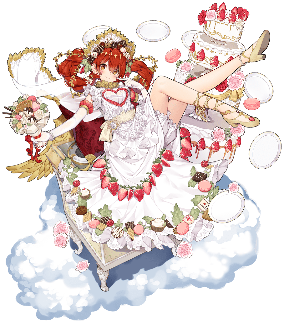 1girl ankle_ribbon anklet apron ark_order bloomers bracelet braid breasts cake chocolate chocolate_hair_ornament chocolate_syrup cloud cookie cookie_hair_ornament cupcake dress earrings elbow_gloves flower food food-themed_hair_ornament frilled_apron frilled_dress frills fruit gloves gold_footwear greetload hair_ornament hestia_(ark_order) high_heels ice_cream jewelry looking_at_viewer macaron macaron_hair_ornament official_art pearl_(gemstone) plate pocky puffy_short_sleeves puffy_sleeves red_hair ribbon rose short_sleeves sidelocks sitting smile solo strawberry table tachi-e transparent_background twin_braids underwear waffle wedding_cake white_apron white_bloomers white_dress white_gloves yellow_eyes yellow_ribbon