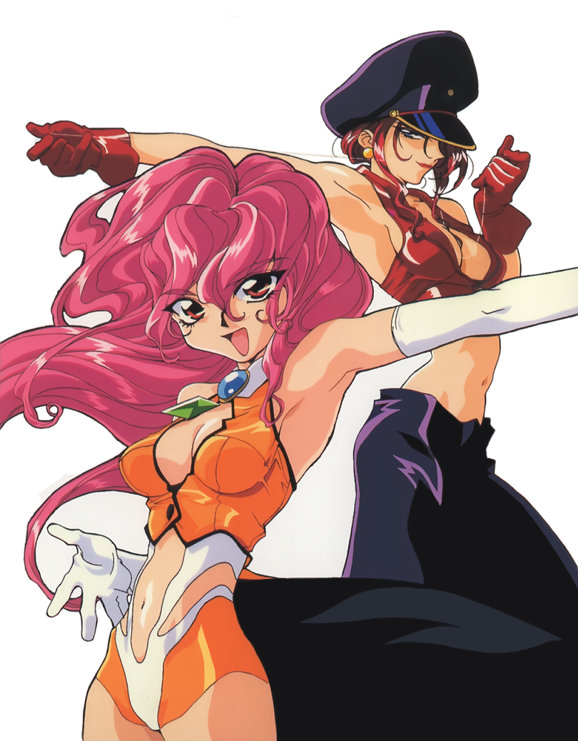 1990s_(style) 2girls armpits bakuretsu_hunters bangs blue_eyes breasts brooch chocolate_misu cleavage cropped_jacket earrings elbow_gloves eyebrows_visible_through_hair feet_out_of_frame garrote gloves gotou_keiji hat jewelry lipstick long_hair makeup medium_breasts midriff multiple_girls navel official_art open_mouth outstretched_arm peaked_cap piano_wire pink_hair red_eyes red_gloves red_hair red_lips retro_artstyle simple_background sleeveless sleeveless_jacket tira_misu white_background white_gloves