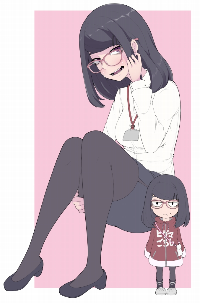 1girl black_footwear black_hair black_legwear blush breasts brown_eyes chibi clothes_writing collared_shirt commentary glasses high_heels id_card ina_(gokihoihoi) lanyard looking_at_viewer medium_breasts mole mole_under_mouth multiple_views office_lady open_mouth original pantyhose pencil_skirt shirt skirt smile teeth translated unfinished white_shirt