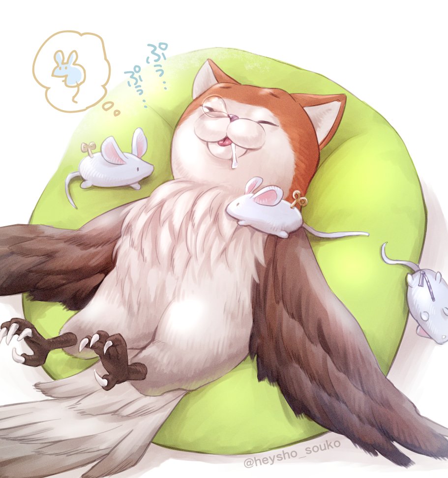 animal_ears bean_bag_chair bird cat_ears commentary_request dreaming feathered_wings feathers granblue_fantasy heysho_souko mouse no_humans owl owlcat saliva simple_background sleeping snot talons thought_bubble toy_mouse twitter_username white_background wings