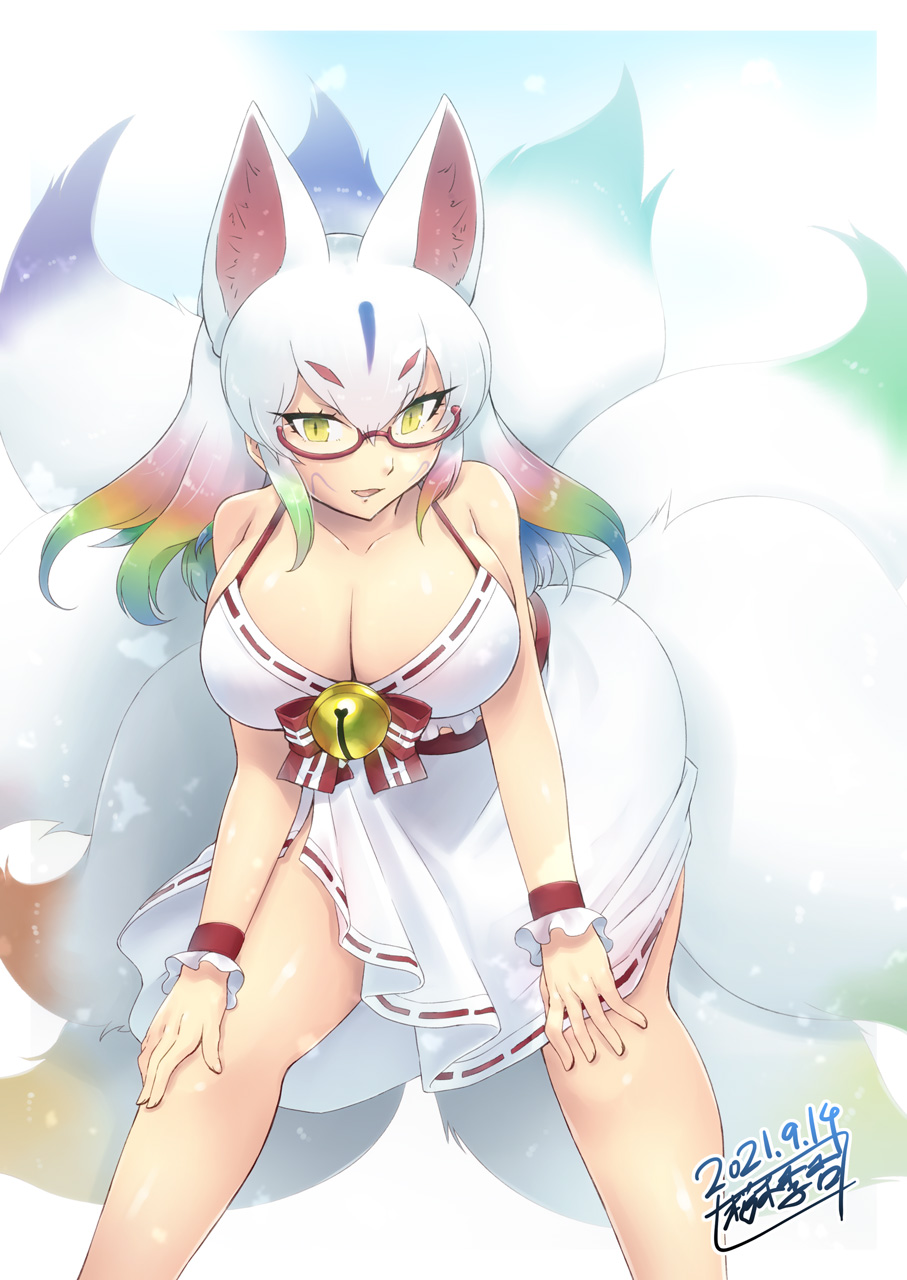 1girl :d alternate_costume animal_ears bangs bare_shoulders bell breasts commentary_request dated dress extra_ears fox_ears fox_girl fox_tail glasses gradient_hair hair_between_eyes hands_on_own_knees highres jingle_bell kemono_friends kyuubi kyuubi_(kemono_friends) large_breasts leaning_forward legs_apart long_hair looking_at_viewer multicolored_hair multiple_tails open_mouth rainbow_hair red-framed_eyewear sakuragi_rian semi-rimless_eyewear signature smile solo tail under-rim_eyewear white_dress white_hair wrist_cuffs yellow_eyes