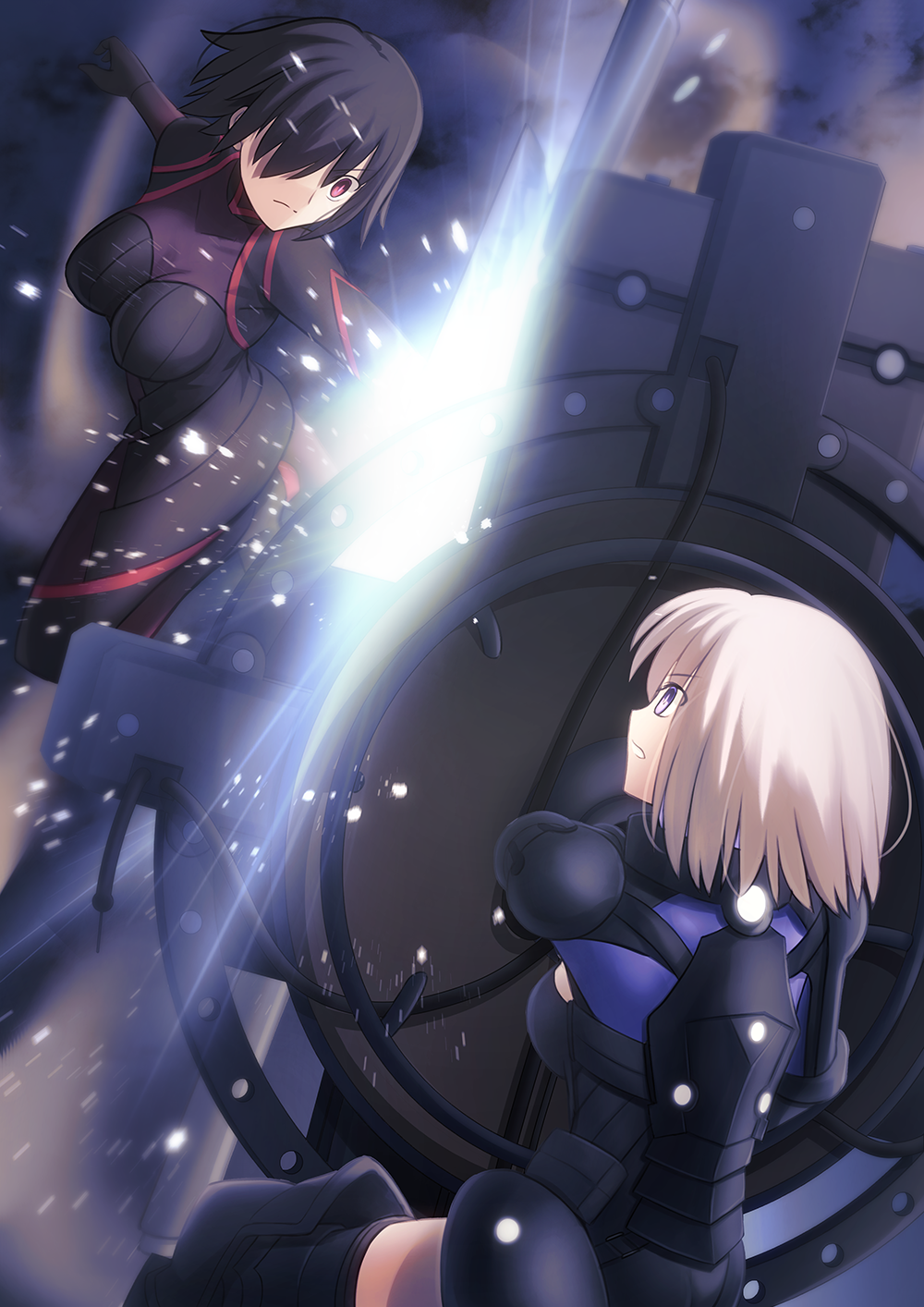 2girls armor armored_leotard back black_armor black_hair black_leotard bodysuit breasts closed_mouth commentary_request fate/grand_order fate/stay_night fate_(series) fighting hair_over_one_eye highres holding holding_shield holding_weapon large_breasts leotard light_purple_hair mash_kyrielight migiha multicolored_leotard multiple_girls one_eye_covered open_mouth ortenaus purple_eyes red_eyes shield short_hair tachie_(fate) teeth thighhighs weapon