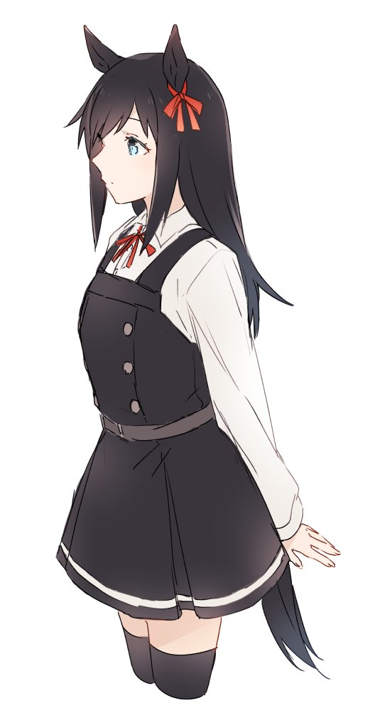 1girl animal_ears asashio_(kancolle) bangs black_dress black_legwear blue_eyes closed_mouth cropped_legs dress ear_ribbon horse_ears horse_girl horse_tail kantai_collection kemonomimi_mode long_hair long_sleeves neck_ribbon pinafore_dress red_ribbon ribbon satsumi shirt sidelocks simple_background solo tail thighhighs umamusume white_background white_shirt