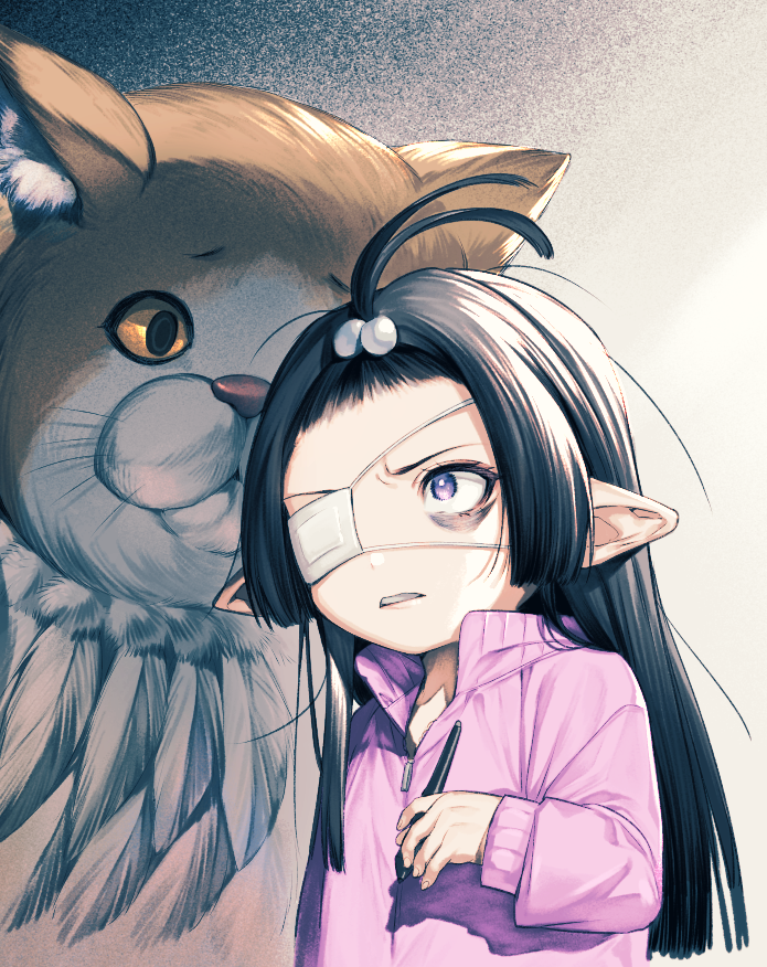 1girl bags_under_eyes black_hair eyepatch feathers granblue_fantasy hair_bobbles hair_ornament harvin holding holding_pen long_hair lunalu_(granblue_fantasy) matsuki_tou medical_eyepatch o_o orange_eyes owlcat pen pointy_ears purple_eyes shadow