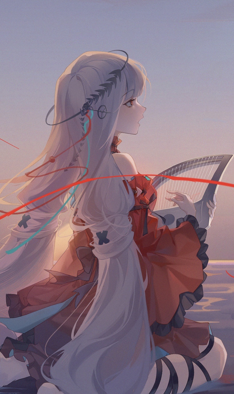 1girl arknights bangs bare_legs beach breasts dress hair_ornament harp highres hinako holding holding_instrument instrument kneeling leg_ribbon long_hair off-shoulder_dress off_shoulder official_alternate_costume open_mouth outdoors profile red_dress red_eyes red_ribbon ribbon short_dress silver_hair sitting skadi_(arknights) skadi_the_corrupting_heart_(arknights) sky small_breasts solo sunset thighs very_long_hair water wide_sleeves