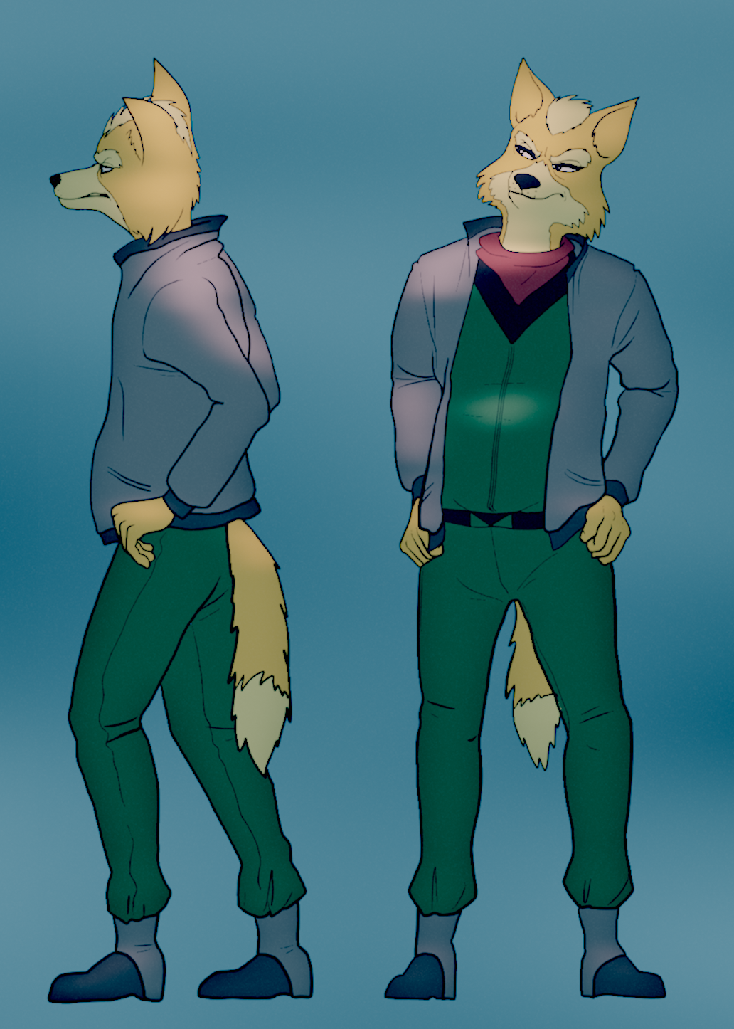 anthro black_nose blonde_hair canid canine clothed clothing fox fox_mccloud fredryk_phox fully_clothed fur hair hands_on_hips hi_res looking_away male mammal multicolored_body multicolored_fur nintendo pose simple_background solo star_fox star_fox_the_animated_series video_games yellow_body yellow_fur