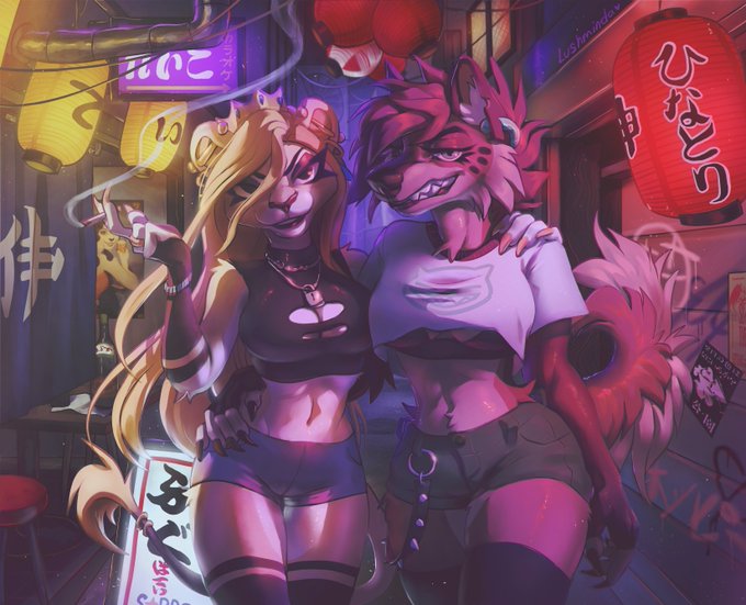 alley anthro breasts canid canine canis cigarette clothed clothing commercial detailed_background digital_media_(artwork) duo ear_piercing felid feline female female/female fur hair industrial_piercing japanese japanese_text long_hair looking_at_viewer lushminda mammal night outside piercing smile smoke smoking teeth text topwear wolf