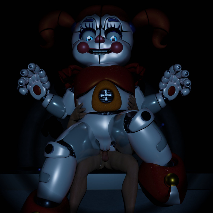 1:1 animatronic baby_(fnafsl) blue_eyes chair_position circus_baby_(fnaf) clothing clown clown_makeup clown_nose duo female five_nights_at_freddy's from_behind_(disambiguation) from_behind_position hair human humanoid larger_female larger_penetrated machine male male/female mammal penetration red_clothing red_hair robot sex sister_location size_difference unknown_artist video_games white_body