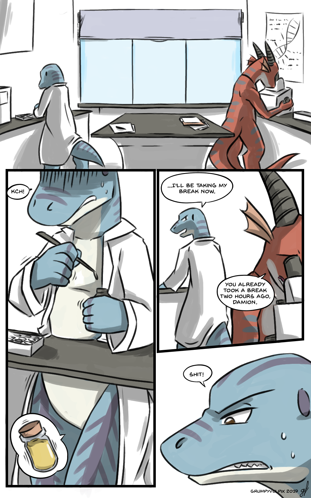 10:16 2019 angels_with_scaly_wings anna_(angels_with_scaly_wings) anthro clothed clothing coat comic conditional_dnp damion_(angels_with_scaly_wings) desperation dialogue digital_media_(artwork) dragon english_text female grumpyvulpix hi_res lab_coat laboratory male mostly_nude nude omorashi reptile scalie shaded text topwear video_games visual_novel