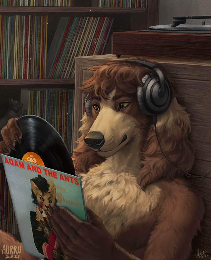 2021 5_fingers adam_and_the_ants album_cover ambiguous_gender anthro aurru black_nose brown_body brown_fur canid canine canis claws cover detailed_background digital_media_(artwork) domestic_dog fingers fur green_eyes headphones mammal record solo tan_body tan_fur turntable_(record_player)