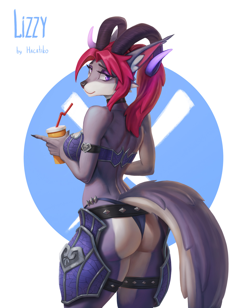 2021 4:5 anthro armor beverage biped breasts butt butt_pose canid canine canis clothed clothing curled_horns demon female fur grey_body grey_fur hacatiko hair hi_res holding_beverage holding_object horn hybrid looking_at_viewer mammal pose purple_eyes rear_view red_hair simple_background skimpy solo text unconvincing_armor wolf