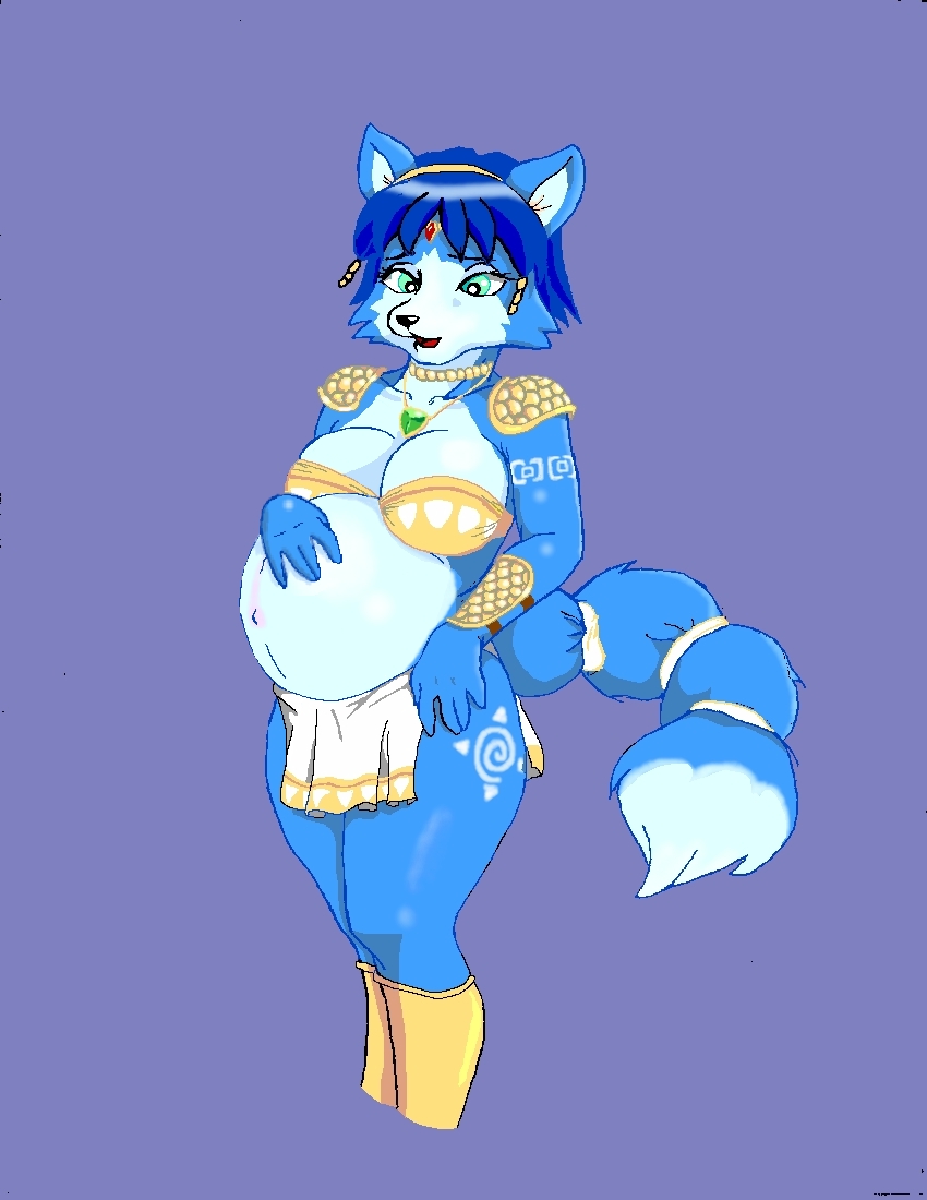 2019 anthro belly blue_body blue_fur blue_hair bottomwear bra breasts canid canine clothed clothing danellz female fox fur hair hand_on_stomach jewelry krystal mammal markings navel nintendo outie_navel pregnant simple_background solo star_fox topwear underwear video_games white_markings