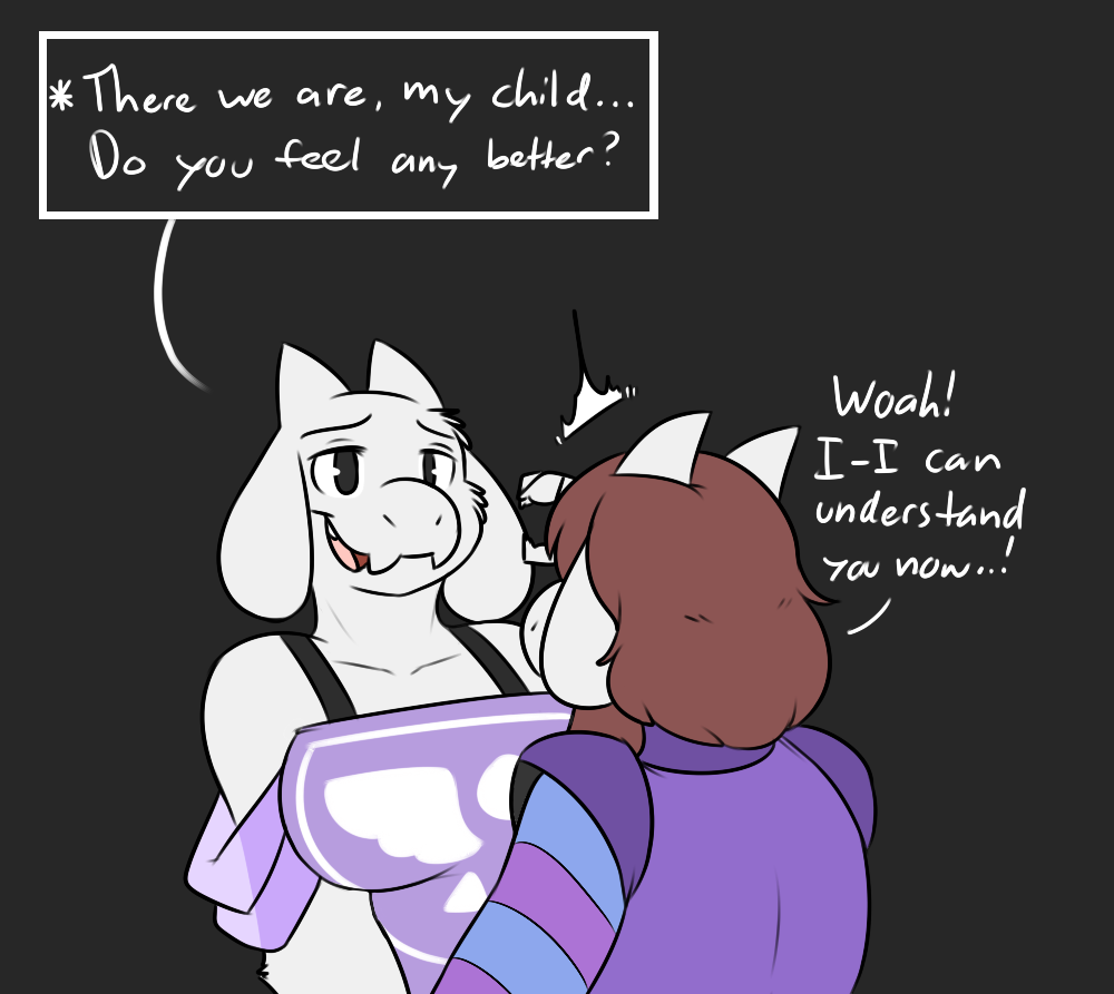 anthro big_breasts boss_monster bovid breasts brown_hair caprine clothed clothing comic duo english_text female fur goat hair horn huge_breasts long_ears mammal protagonist_(undertale) robertge simple_background text toriel undertale undertale_(series) video_games white_body white_fur