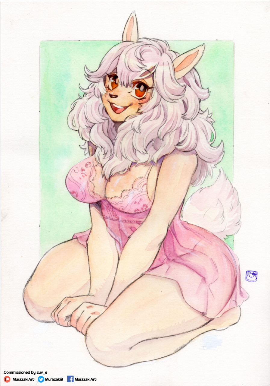 anthro beastars big_breasts blush bovid breasts caprine clothed clothing domestic_sheep female fur hair hi_res lingerie looking_at_viewer mammal merino_sheep murazaki open_mouth open_smile orange_eyes pink_clothing pink_lingerie sebun_(beastars) sheep simple_background smile solo tan_body tan_fur white_background white_hair