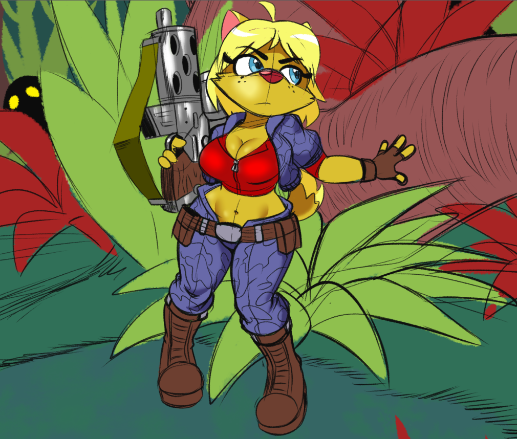 ambiguous_gender anthro blonde_hair blue_eyes boots canid canine canis clothing combat_boots detailed_background dingo duo female female_focus fingerless_gloves footwear front_view fur gloves gun hair handwear holding_gun holding_object holding_weapon jacket jungle looking_aside mammal midriff navel omegasunburst plant ranged_weapon shazza_the_dingo solo_focus standing topwear tree ty_the_tasmanian_tiger_(series) video_games weapon yellow_body yellow_fur