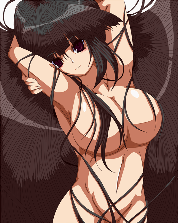 arms_up bad_id bad_pixiv_id big_hair black_hair breasts brown_eyes copyright_request groin hair_censor hair_over_breasts large_breasts long_hair narura nude solo very_long_hair