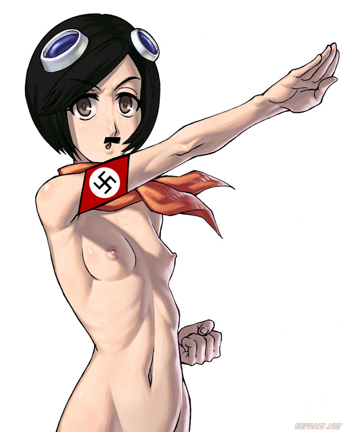 2girls adolf_hitler bleach breasts flat_chest goggles kuna_mashiro multiple_girls navel nazi nipples nude parody real_life scarf small_breasts solo speh swastika third-party_edit