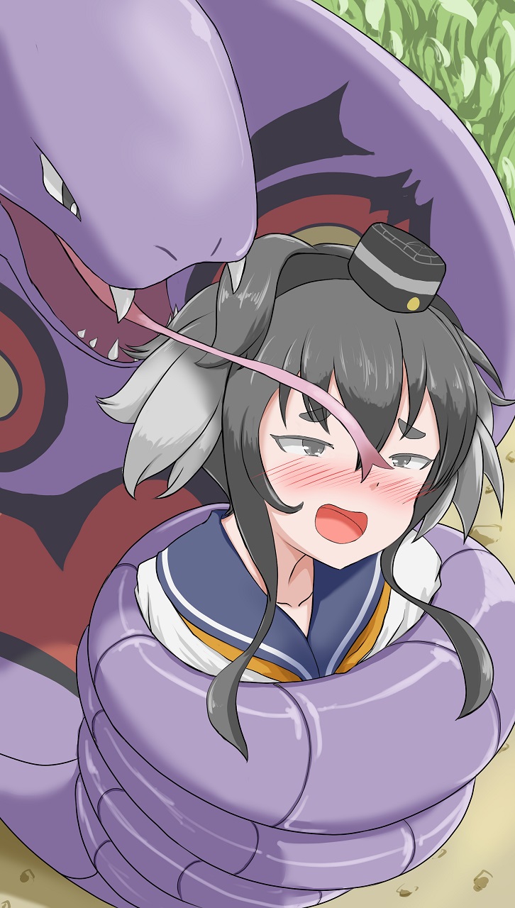 ambiguous_gender arbok blush clothing coiling duo eyebrows eyelashes fangs female feral grey_hair hair hi_res human kancolle kantai_collection long_tongue mammal messy_illust narrowed_eyes nintendo open_mouth pok&eacute;mon pok&eacute;mon_(species) school_uniform snake_hood tokitsukaze_(kancolle) tongue tongue_out uniform video_games