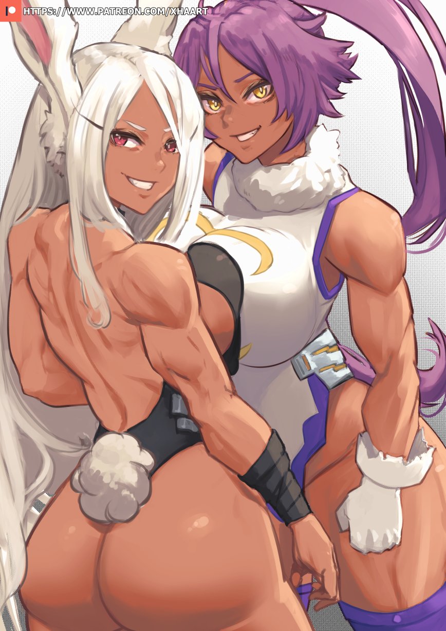 animal_humanoid athletic athletic_female back_muscles big_breasts bleach_(series) breast_squish breasts breasts_frottage butt clothing dark_body dark_skin duo female gloves hair handwear hi_res human humanoid lagomorph lagomorph_humanoid leporid_humanoid long_hair looking_at_viewer looking_back mammal mammal_humanoid miruko muscular muscular_female my_hero_academia purple_hair rabbit_humanoid red_eyes simple_background smile squish white_hair xhaart yellow_eyes yoruichi_shihoin