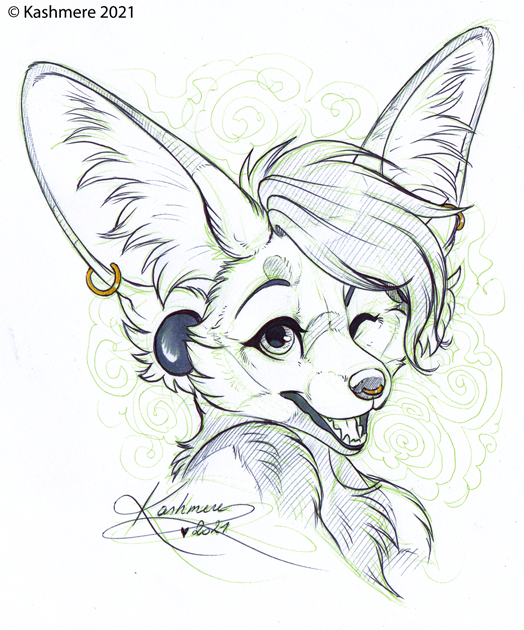 2021 canid canine ear_piercing ear_ring fennec fox fur hair headshot_portrait kashmere kras_(aviverine) mammal piercing portrait smile solo traditional_media_(artwork)