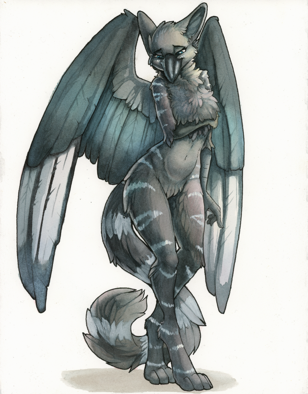 2021 4_toes 5_fingers anthro avian beak breasts digitigrade eyebrows eyelashes feathered_wings feathers feet female fingers fur grey_body grey_fur gryphon hi_res mythological_avian mythology nude ruaidri simple_background solo toes white_background wings