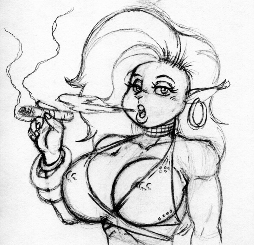 areola big_breasts blowing_smoke bracelet breasts choker cleavage clothed clothing ear_piercing ear_ring jewelry lips looking_at_viewer mammal marika_(teer) monochrome necklace nipple_outline piercing rodent sciurid sketch smoke smoking teer thick_bottom_lip