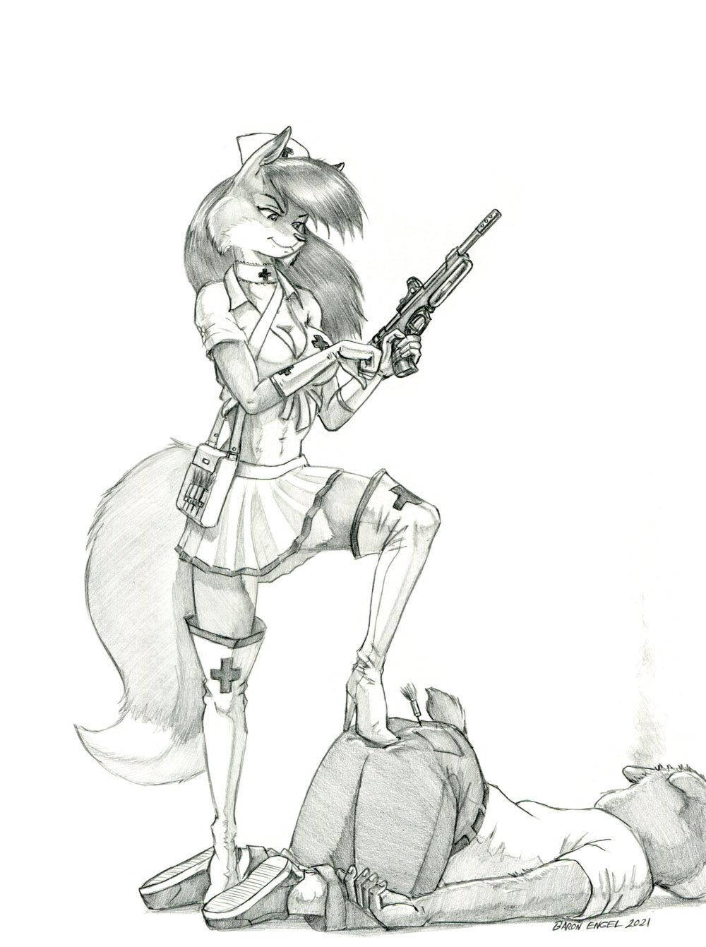 anthro baron_engel boots bottomwear breasts butt canid canine choker cleavage clothed clothing dart dipstick_ears dipstick_tail duo eyebrows female footwear fox gloves graphite_(artwork) gun hair handwear hat headgear headwear hi_res high_heeled_boots high_heels jewelry long_hair male mammal markings midriff multicolored_ears navel necklace nurse_clothing nurse_hat nurse_headwear pants pencil_(artwork) ranged_weapon shirt skirt standing tail_markings topwear traditional_media_(artwork) tranquilizer unconscious ursid vipera_vixen_(baron_engel) weapon