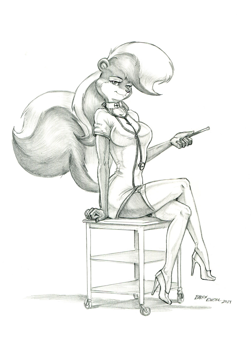2021 anthro baron_engel breasts clothing eyebrows eyelashes female fluffy fluffy_tail garter_straps graphite_(artwork) greyscale hair hi_res high_heels legwear long_hair looking_at_viewer mammal medical_instrument mephitid monochrome narrowed_eyes nurse nurse_clothing pencil_(artwork) rosemary_parker_(character) scientific_instrument sitting skunk solo stethoscope stockings thermometer traditional_media_(artwork) weather_instrument