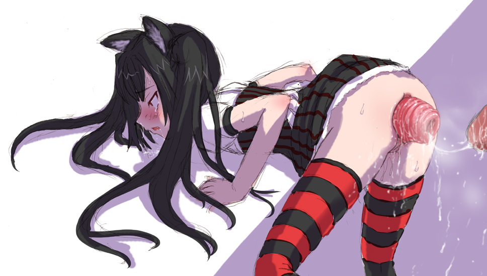 1girl ahegao anal anal_prolapse animal_ears anus artist_request ass ass_juice bent_over black_hair blush cat_ears clothed_sex cum cum_in_ass cum_in_pussy cum_inside cum_string cumdrip dress dress_lift fucked_silly huge_penis long_hair no_panties penis prolapse pussy_juice saliva sex snot striped striped_legwear striped_thighhighs sweat tears thighhighs twintails uncensored