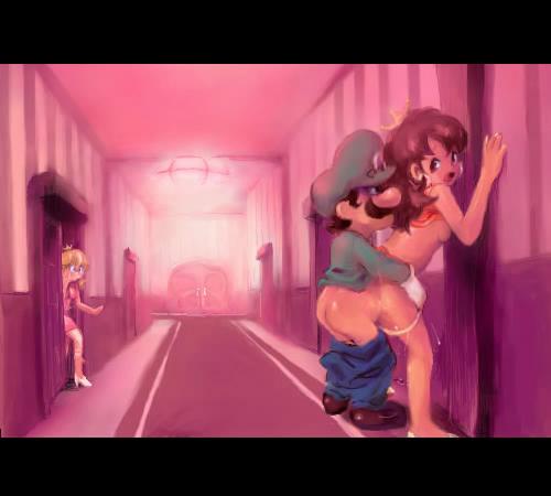 2girls :o against_wall ass black_hair blonde_hair breast_press breasts brown_hair clothed_sex crown doggystyle dress earrings facial_hair gloves hat hetero high_heels indoors jewelry jpeg_artifacts large_breasts letterboxed long_hair lowres luigi mario_(series) multiple_girls mustache nintendo no_bra open_mouth panties pants_pull panty_pull princess princess_daisy princess_peach sex shirt_lift shoes short_dress short_hair sideboob skirt skirt_lift smile spread_legs standing straddling super_mario_bros. surprised torso_grab underwear upright_straddle walk-in white_panties