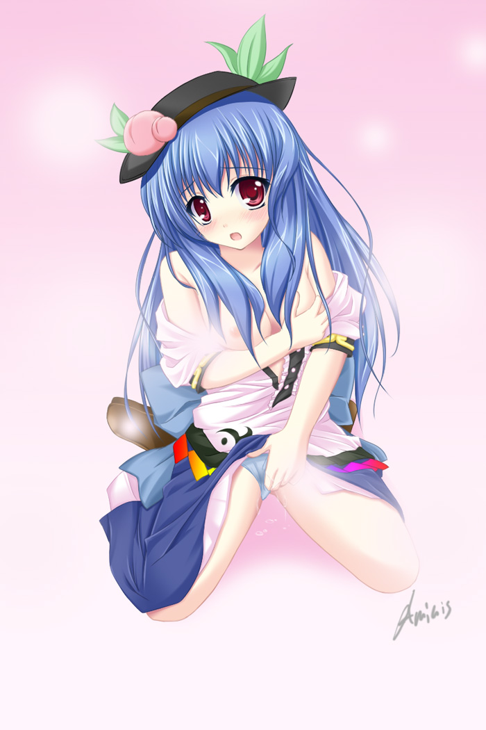 amicis bare_shoulders blue_hair breasts food fruit hat hinanawi_tenshi leaf long_hair masturbation medium_breasts panties peach red_eyes self_fondle shoes solo touhou underwear