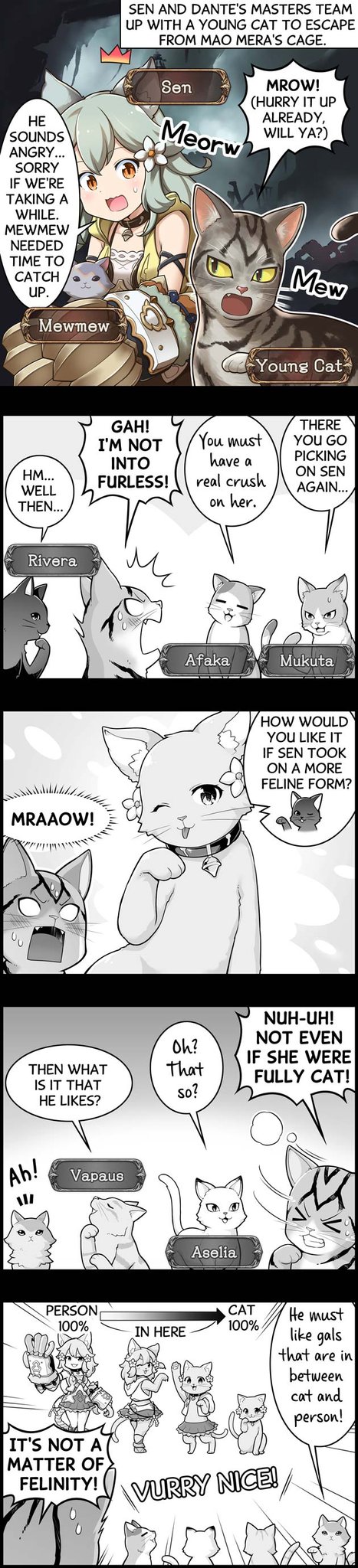 4koma accessory ambiguous_gender angry animal_humanoid anthro bodily_fluids bottomwear cat_humanoid clothing collar comic domestic_cat english_text felid felid_humanoid feline feline_humanoid felis female feral flower flower_in_hair grand_blues group hair hair_accessory hi_res human humanoid kiku_hitomoji long_image mammal mammal_humanoid manga plant right_to_left skirt surprised_expression sweat tall_image text transformation translated