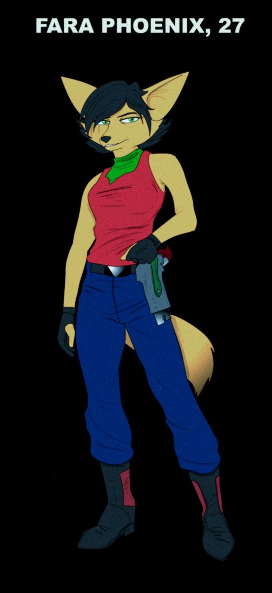 2012 anthro black_background black_hair black_nose canid canine clothed clothing fara_phoenix female fennec fox fredryk_phox fully_clothed gloves green_eyes hair handwear hi_res holstered_pistol mammal nintendo simple_background solo star_fox star_fox_the_animated_series video_games yellow_body