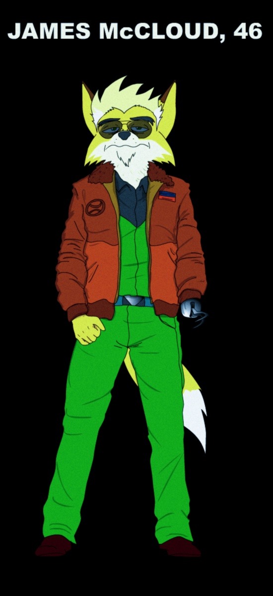 2012 anthro black_nose blonde_hair boots canid canine clothed clothing eyewear footwear fox fredryk_phox fur hair hi_res james_mccloud looking_at_viewer male mammal mature_male nintendo prosthetic prosthetic_arm prosthetic_limb simple_background solo star_fox star_fox_the_animated_series video_games yellow_body yellow_fur