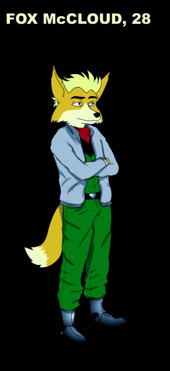 2012 anthro black_background black_nose blonde_hair boots canid canine clothed clothing crossed_arms footwear fox fox_mccloud fredryk_phox fully_clothed fur hair hi_res jacket jumpsuit kerchief looking_away male mammal nintendo simple_background solo star_fox star_fox_the_animated_series topwear video_games yellow_body yellow_fur