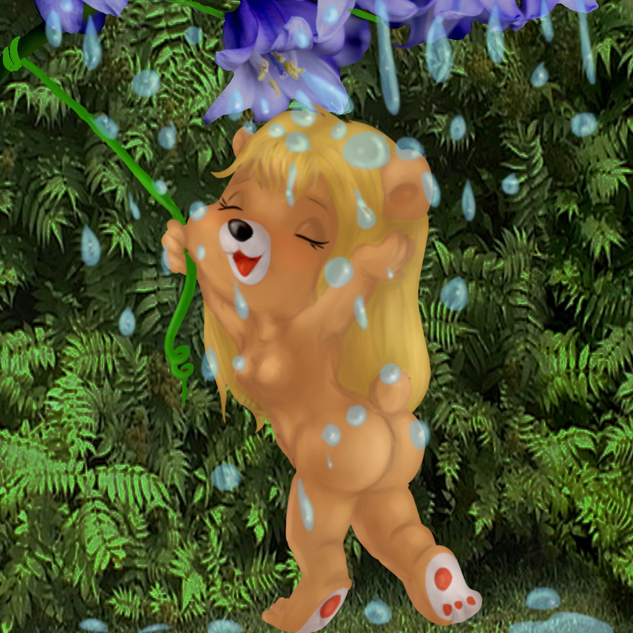 1:1 bicharrac0 blonde_hair breasts brown_body brown_fur child eyes_closed female flower fur hair hanna-barbera hi_res mammal nude open_mouth paw_paws pawpads plant princess_paw_paw shower ursid vines young