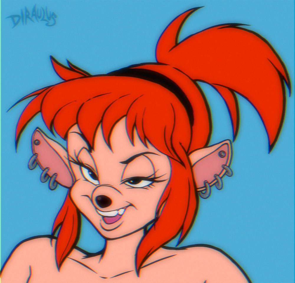 accessory aged_up anthro bedroom_eyes black_eyes black_nose blue_background diraulus disney domestic_cat ear_piercing ear_ring eyelashes felid feline felis female goof_troop grin hair half-closed_eyes headband long_hair mammal narrowed_eyes piercing pistol_pete ponytail red_hair seductive signature simple_background smile solo