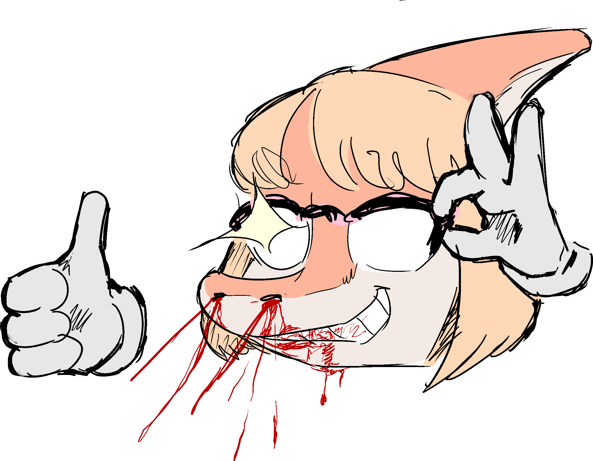 alpha_channel anthro blonde_hair blood blood_on_face blood_on_mouth blood_on_nose bob_cut bodily_fluids colored dinosaur dripping_blood emoji eyewear female general_proton gesture glasses glowing glowing_eyes goodbye_volcano_high grin hadrosaurid hair hand_on_glasses hi_res meme naomi_(gvh) nosebleed ornithischian parasaurolophus reptile scalie showing_teeth simple_background smile snoot_game_(fan_game) solo thumbs_up transparent_background white_eyewear white_glasses