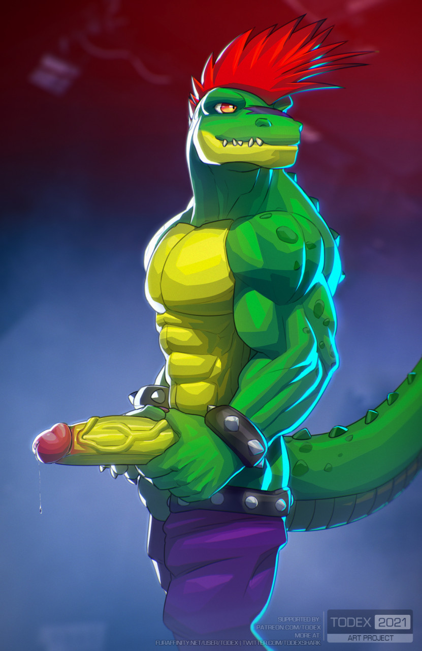 2021 abs alligator alligatorid anthro barazoku belt biceps big_penis blue_background bodily_fluids bodypaint bottomwear bracelet butt claws clothed clothing crocodilian cum cum_on_penis cum_string erection face_paint five_nights_at_freddy's five_nights_at_freddy's:_security_breach genital_fluids genitals green_body green_butt green_skin green_tail hair hi_res holding_penis humanoid_genitalia humanoid_penis jewelry long_penis long_tail looking_away looking_back male mohawk montgomery_gator_(fnaf) mostly_nude multicolored_body multicolored_skin multicolored_tail muscular muscular_male orange_eyes pants pants_down partially_clothed pecs penis precum presenting red_hair reptile rockstar scales scalie sharp_claws sharp_teeth simple_background smile solo spiked_belt spiked_bracelet spikes standing teeth thick_penis thick_tail todex topless topless_male triceps vein veiny_penis video_games watermark yellow_body yellow_skin yellow_tail