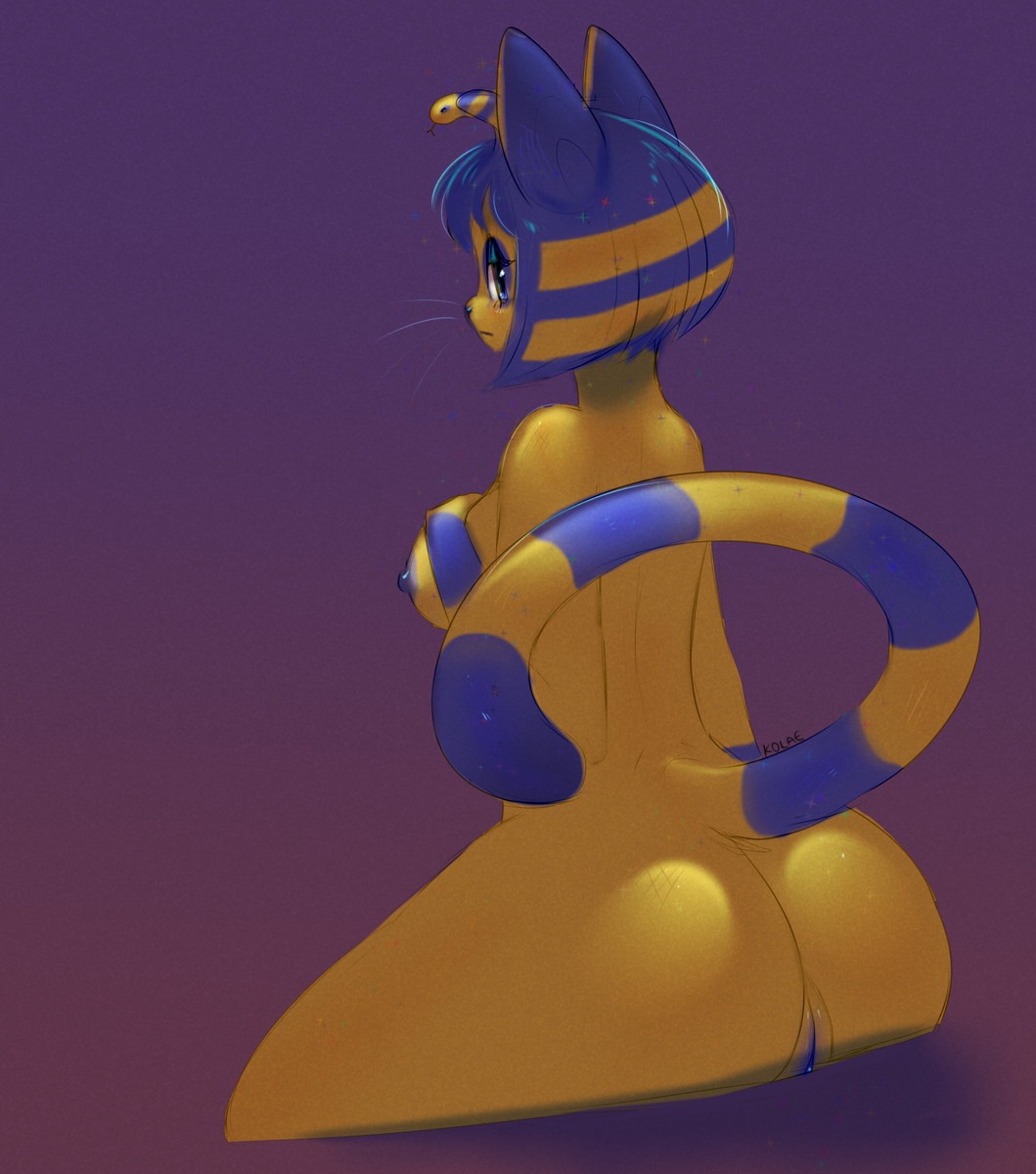 2021 animal_crossing ankha_(animal_crossing) anthro blue_hair blue_nipples butt digital_media_(artwork) domestic_cat egyptian felid feline felis female fur genitals hair hi_res kolae mammal nintendo nipples nude pussy rear_view shaded simple_background sitting solo video_games yellow_body yellow_fur