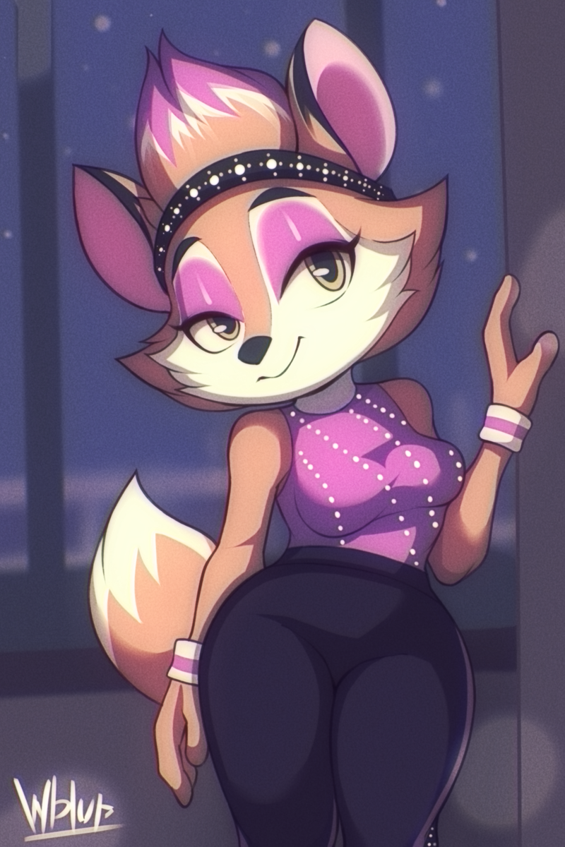 2021 2:3 accessory anthro black_nose canid canine clothed clothing dipstick_tail eyelashes eyeshadow female fox fully_clothed headband hi_res lil'_foxy makeup mammal markings rock_dog signature smile solo sweatband tail_markings wide_hips wildblur