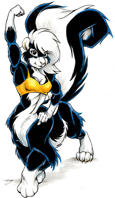 anthro bottomless clothed clothing female hair mammal mammal_taur megan_giles mephitid mephitid_taur muscular muscular_female muscular_taur skunk skunk_taur solo taur topwear topwear_only white_hair