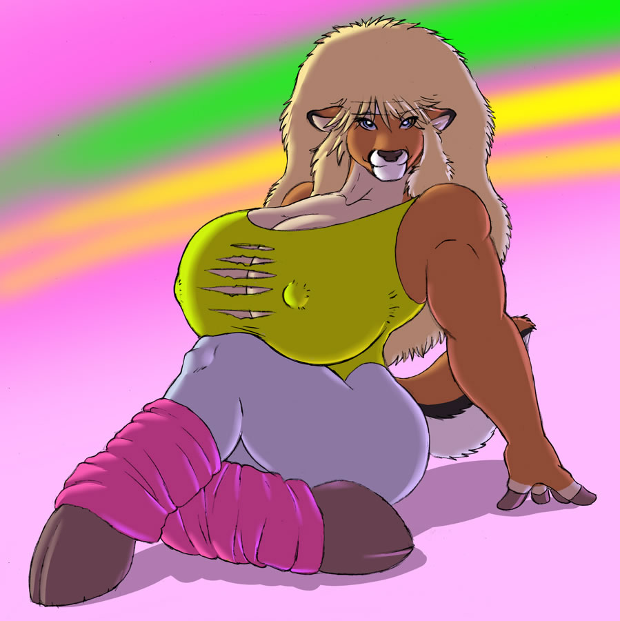 anthro big_breasts blonde_hair blue_eyes breasts cervid cleavage_cutout clothed clothing digital_media_(artwork) female fluffy fluffy_hair fur gideon hair hooves leg_warmers legwear mammal nipple_outline nipples retro simple_background snout solo sweatband topwear