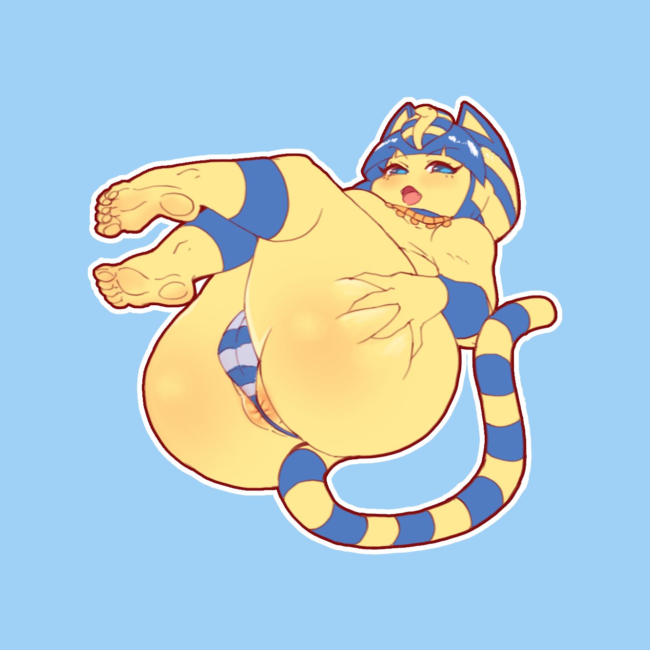 1:1 5_toes alternate_species animal_crossing animal_humanoid ankha_(animal_crossing) anus anus_peek arm_markings big_breasts biped blonde_hair blue_background blue_body blue_clothing blue_ears blue_eyes blue_fur blue_hair blue_panties blue_skin blue_tail blue_underwear blush bottomwear breasts butt butt_squish camel_toe cat_humanoid clothed clothing cute_fangs digital_media_(artwork) egyptian eyelashes feet felid felid_humanoid feline feline_humanoid female fur glistening glistening_body glistening_butt glistening_skin hair hand_on_butt hi_res holding_butt humanoid humanoid_feet humanoid_hands humanoidized leg_markings looking_at_viewer lying mammal mammal_humanoid markings monotone_ears multicolored_body multicolored_fur multicolored_hair multicolored_skin nintendo on_back open_mouth open_smile panties pattern_bottomwear pattern_clothing pattern_panties pattern_underwear pawpads pectoral_(jewelry) plantigrade presenting presenting_hindquarters rear_view ring_(marking) ringtail scrib_squab short_hair short_stack simple_background smile solo squish striped_bottomwear striped_clothing striped_panties striped_underwear stripes tail_markings thick_thighs toes tongue topless two_tone_body two_tone_fur two_tone_hair two_tone_skin two_tone_tail underwear uraeus video_games wide_hips yellow_body yellow_fur yellow_skin yellow_tail