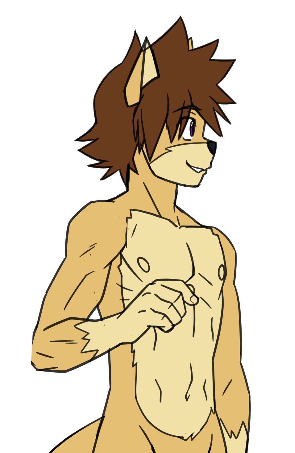 anthro athletic athletic_male black_nose brown_hair clothed clothing countershading domestic_cat felid feline felis fur hair hi_res hiro_(raxkiyamato) humanoid_hands looking_aside male mammal navel nipples purple_eyes raxkiyamato smile solo tan_body tan_countershading topless topless_male v-cut yellow_body yellow_fur