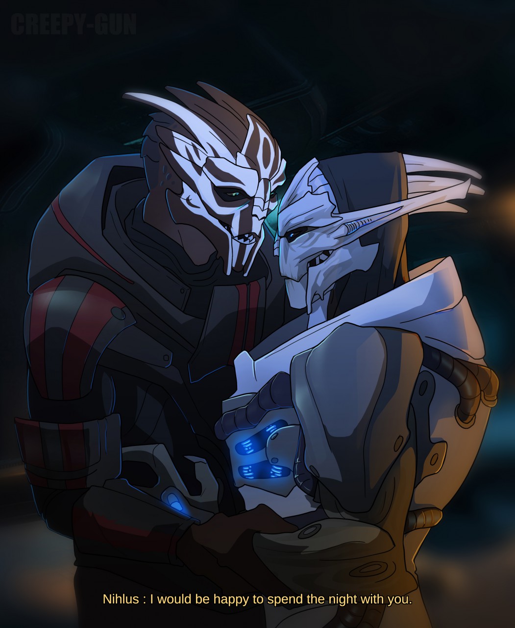 alien armor bodypaint creepy_gun cuddling cybernetic_arm cybernetic_limb dialogue duo eye_contact face_paint green_eyes hi_res looking_at_another male male/male mass_effect nihlus_kryik open_mouth saren_arterius standing teeth turian video_games