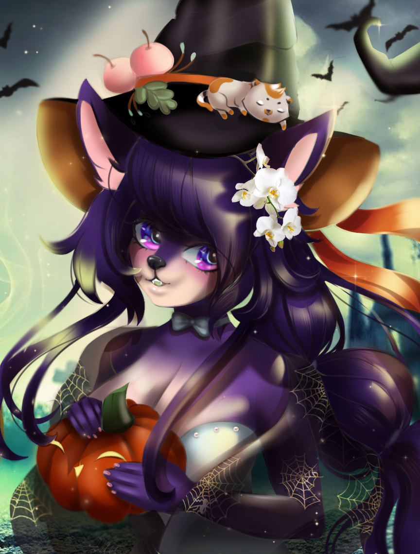 accessory anime_eyes anthro canid clothing flower flower_in_hair hair hair_accessory halloween halloween_2021 halloween_costume halloween_pumpkin hat headgear headwear holidays long_hair mammal mdwines plant purple_hair solo witch_costume witch_hat