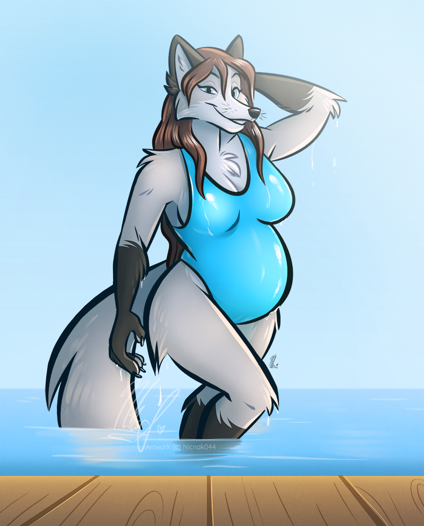 anthro arctic_fox belly big_belly canid canine canis casidhe casidhevixen cheek_tuft chest_tuft claws clothing facial_tuft female finger_claws fox fur gloves_(marking) inner_ear_fluff leg_markings mammal markings nicnak044 one-piece_swimsuit pinup portrait pose pregnant socks_(marking) solo swimming swimwear three-quarter_portrait tuft wet wet_body wet_fur whisker_markings whiskers